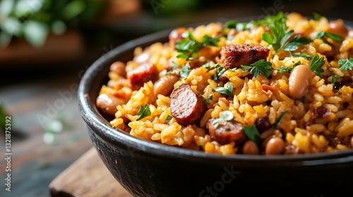 Obraz na płótnie Spiced rice with sausage and beans w salonie