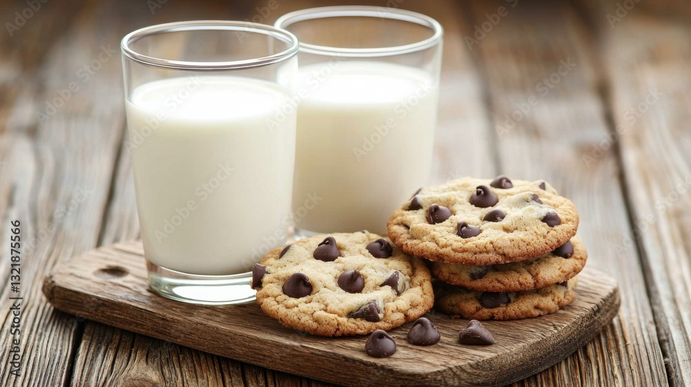Warm, gooey chocolate chip cookies resting on a rustic wooden board, paired with a cool glass of milk for the perfect treat. Warm, gooey chocolate chip cookies resting on a rustic wooden board, paired with a cool glass of milk for the perfect treat.