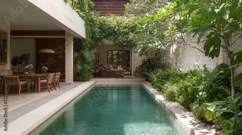 Wallpaper Mural A large pool with a patio area and a tree in the background. The pool is surrounded by a lush green garden Torontodigital.ca