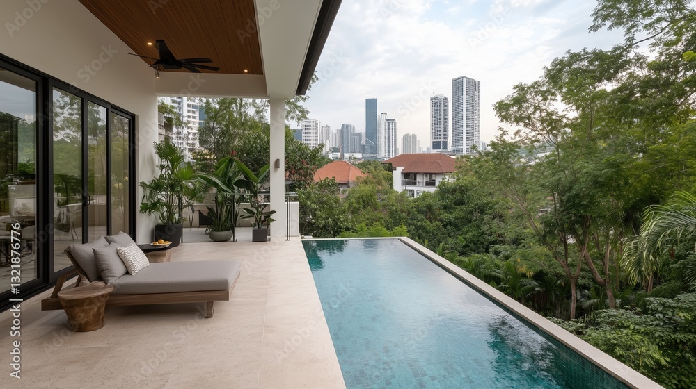 Fototapeta premium A pool with a view of a city skyline. The pool is surrounded by a patio with lounge chairs and a potted plant