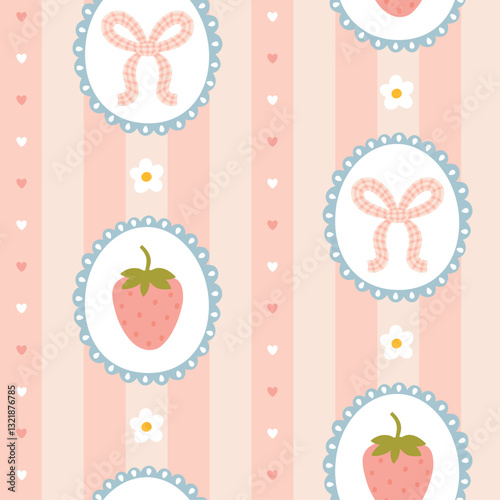 Preppy strawberry bow and flower in frame seamless pattern on vertically striped background. Vector cute cartoon hand drawn illustration. Ideal textile printing, baby clothes, wallpaper, scrubbing.