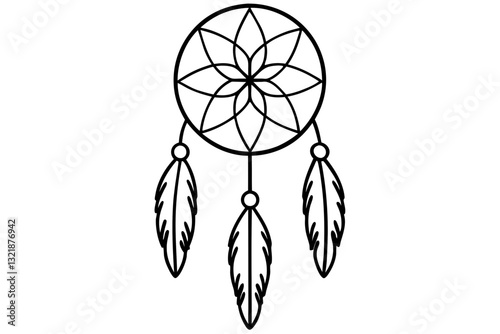 A dreamcatcher with feathers line art illustration