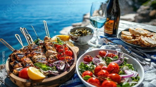 Greek food concept with farmers salad and souvlaki skewers in front of the sparkling, blue Aegean sea during summer time