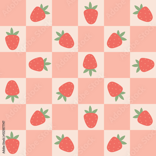 Preppy flirty strawberry seamless pattern on a cell background. Vector cute cartoon hand-drawn illustration. Tartan check for textile, baby clothes, wallpaper, scrubbing.