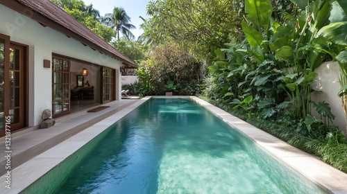 Wallpaper Mural A large pool with a white house in the background. The pool is surrounded by green plants and trees Torontodigital.ca