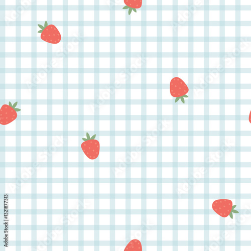 Preppy flirty strawberry seamless pattern on a cell background. Vector cute cartoon hand-drawn illustration. Tartan check for textile, baby clothes, wallpaper, scrubbing.