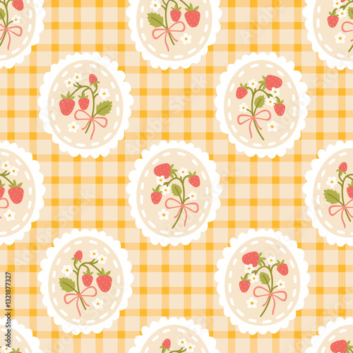 Preppy flirty strawberry with bow and flower in frame seamless pattern on a cell background. Vector cute cartoon hand-drawn illustration. Tartan check for textile, baby clothes, wallpaper, scrubbing.