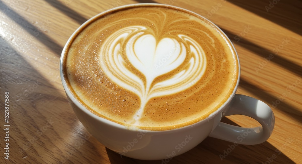 Delicious latte with heart design in warm sunlight Delicious latte with heart design in warm sunlight