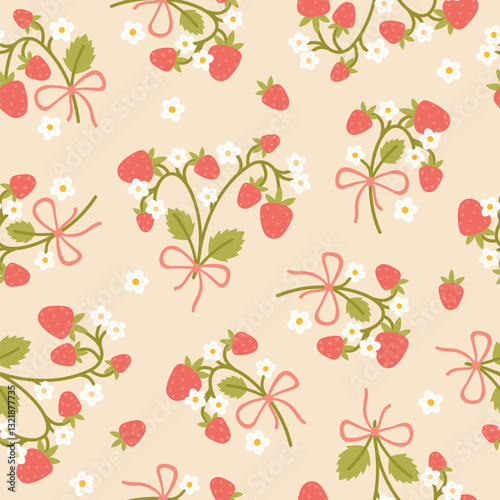 Preppy flirty strawberry with bow and flower in frame seamless pattern on a beige background. Vector cute cartoon hand-drawn illustration. For textile, baby clothes, wallpaper, scrubbing.