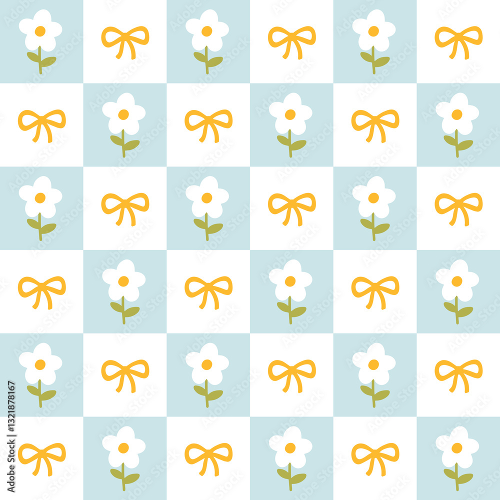 Floral pattern seamless meadow flowers and flirty bows on Checkerboard retro groovy background. Cute cartoon in hand-drawn style, pastel palette. Ideal for printing, scrapbooking, textile, fabric.