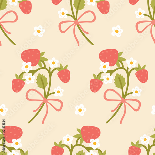 Preppy flirty strawberry with bow and flower in frame seamless pattern on a beige background. Vector cute cartoon hand-drawn illustration. For textile, baby clothes, wallpaper, scrubbing