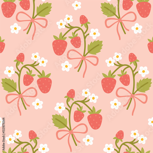 Preppy flirty strawberry with bow and flower in frame seamless pattern on a pink background. Vector cute cartoon hand-drawn illustration. For textile, baby clothes, wallpaper, scrubbing