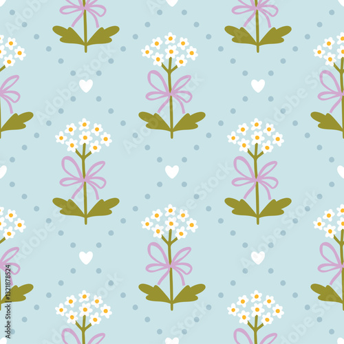 Preppy flirty flower with bow in frame seamless pattern on a striped background. Vector cute cartoon hand-drawn illustration. for textile, baby clothes, wallpaper, scrubbing.