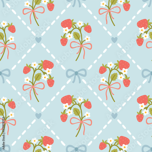 Preppy strawberry and flowers lace geometric seamless pattern rhombus with flirty bows. Vector cute kids cartoon hand-drawn vintage illustration. Ideal for textile printing, baby clothes, wallpaper.