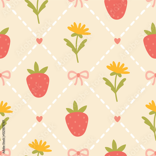 Preppy strawberry and flowers lace geometric seamless pattern rhombus with flirty bows. Vector cute kids cartoon hand-drawn vintage illustration. Ideal for textile printing, baby clothes, wallpaper.