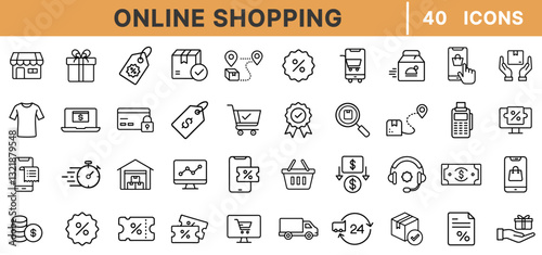 "Online Shopping Icons - Ecommerce, Shopping Cart, Payment, Discount, Order, Delivery, Checkout, Customer Service, Store, Sale, Purchase"
