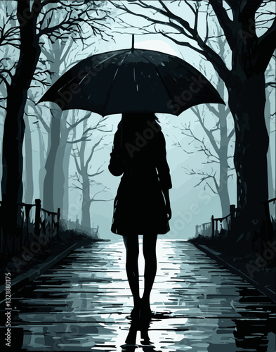 A woman walks through an evening park under an umbrella. Vector graphics. EPS.