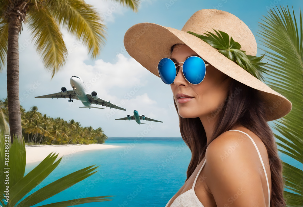 Woman in hat with tropical paradise landscape. Traveling