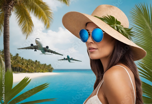 Obraz na płótnie Woman in hat with tropical paradise landscape. Traveling w salonie