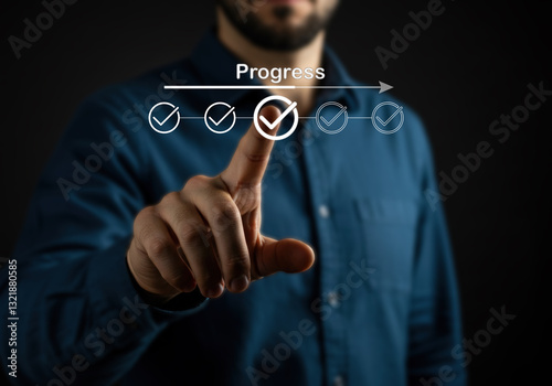 businessman touching virtual button digital progress checklist featuring check marks and a loading bar, representing task completion and project advancement, tracking strategies, and workflow
