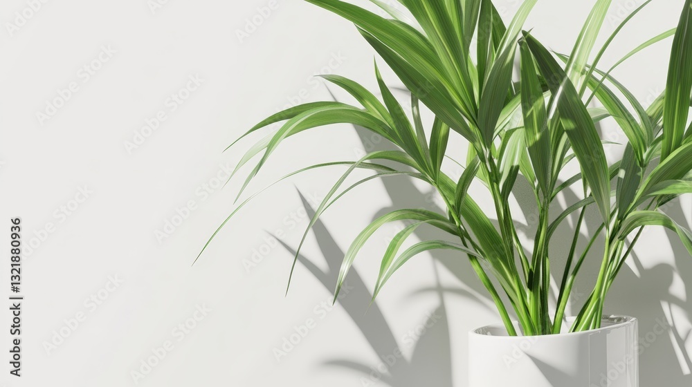 Fototapeta premium Lush Green Indoor Plant in Modern White Pot with Shadows