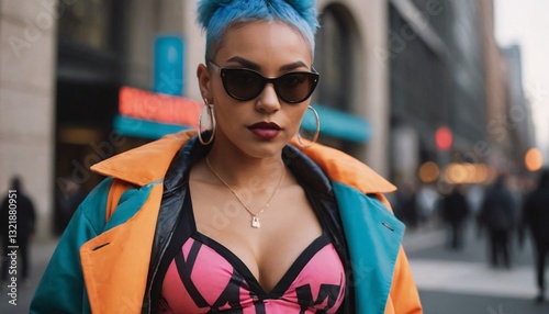 Confident Urban Streetwear Diva in Edgy Fashion, Bold Accessories, and City Backdrop | Trendy Youth Culture