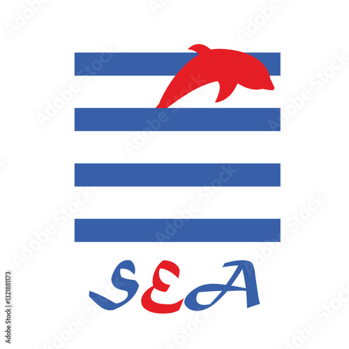 El delfín rojo sobre las olas azules y la palabra "SEA"