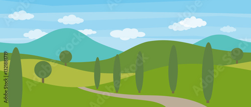 Vector flat landscape with green hills and trees and blue bright sky with clouds.