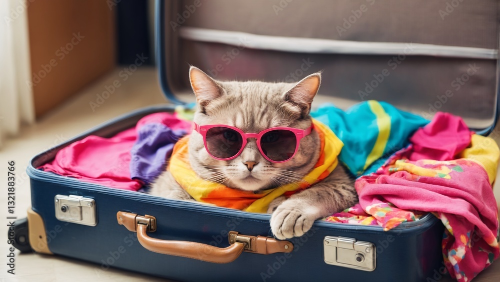 Cat Wearing Sunglasses Relaxing in Suitcase with Colorful Clothes - Ready for Vacation