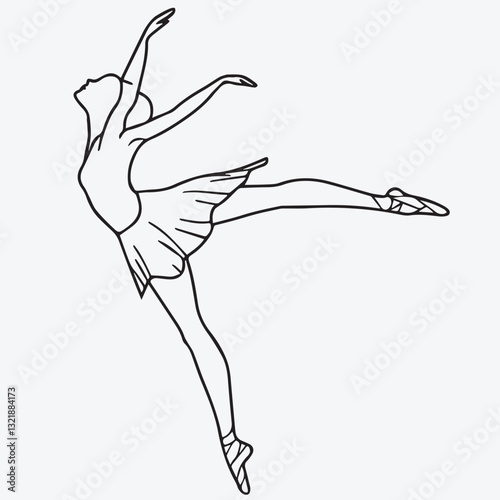 A graceful ballerina leaps across the stage, her elegant form captured in a single, flowing line. Simple Line Drawing of a Ballerina with Flowing Tutu. Ideal for Children’s Coloring Books. EPS File.