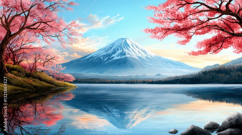 Fototapeta premium Serene Sunrise Landscape Snow Capped Mountain Reflected in a Calm Lake with Pink Cherry Blossoms