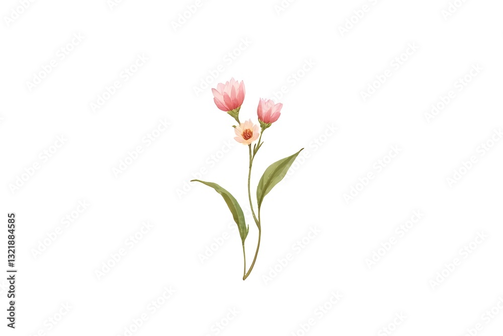 Delicate Pink Flowers and Leaves Watercolor Illustration Delicate Pink Flowers and Leaves Watercolor Illustration