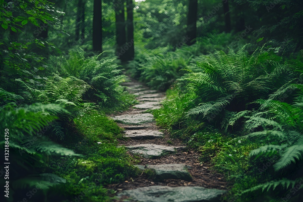 Obraz premium Beautiful natural landscape with fern plants on a mountain path. Ferns growing along the trail in an enchanted forest. 