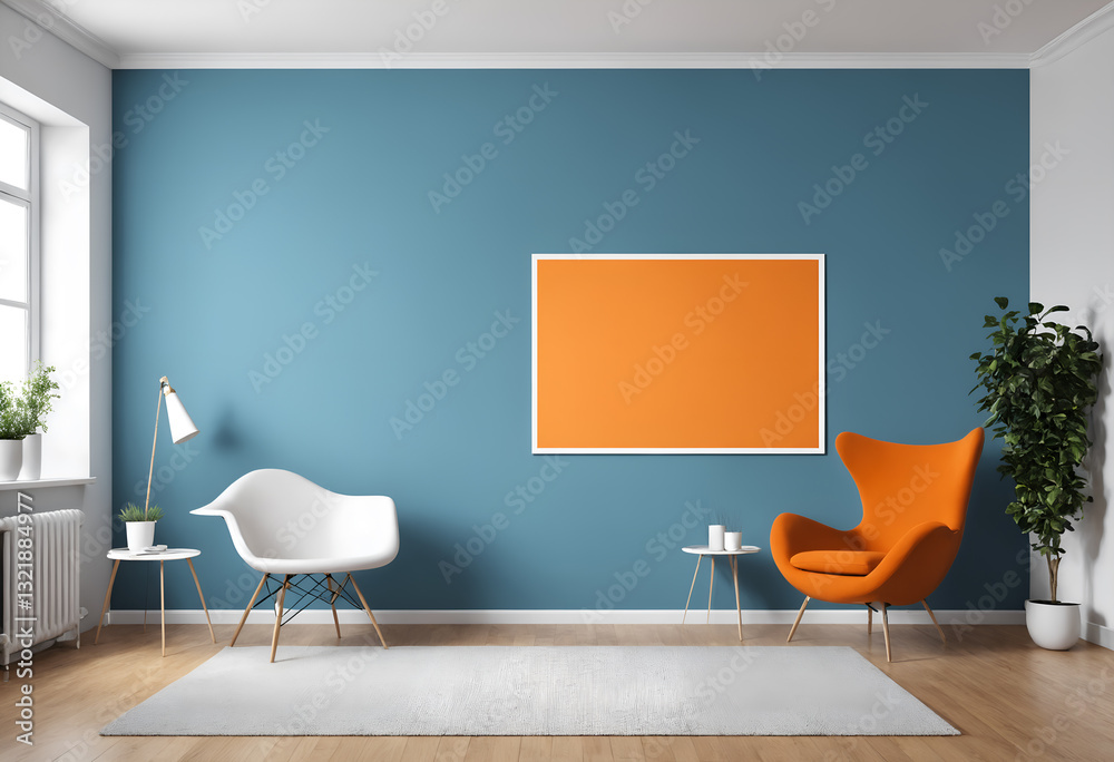 Blue orange design interior and mock up frame