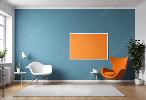 Obraz na płótnie Blue orange design interior and mock up frame w salonie