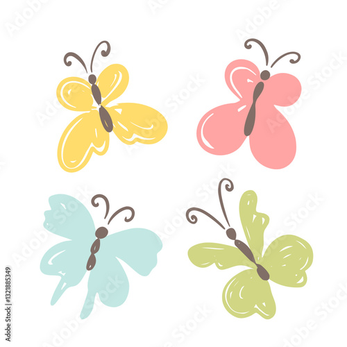 Set of cute pastel butterflies hand drawn illustration baby nursery decor vector illustration