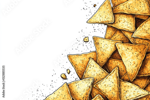 Hand drawn nacho chips with seasoning on white background, festive and appetizing