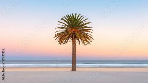 Single Palm Tree on Sandy Beach at Pastel Sunset