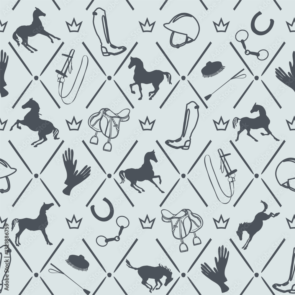 Equestrian art rhombus seamless pattern. Horse silhouette, bridle, saddle. Elegant noble background horse motif. Horse tack, horse gear vector ornament. England luxury classic vintage hand drawn style