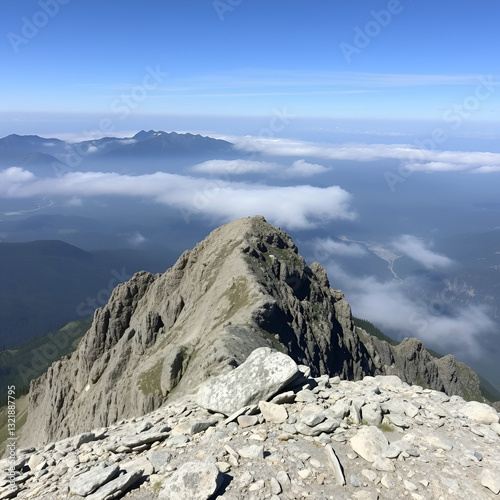 Granite mountain summit with misty valley below, granite, rogue valley