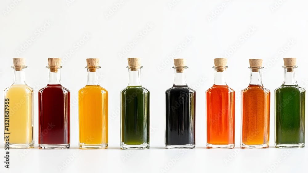 A set of juice in glass bottles, each showcasing different types of juices like orange, apple, and cranberry, isolated on a white background. A set of juice in glass bottles, each showcasing different types of juices like orange, apple, and cranberry, isolated on a white background.