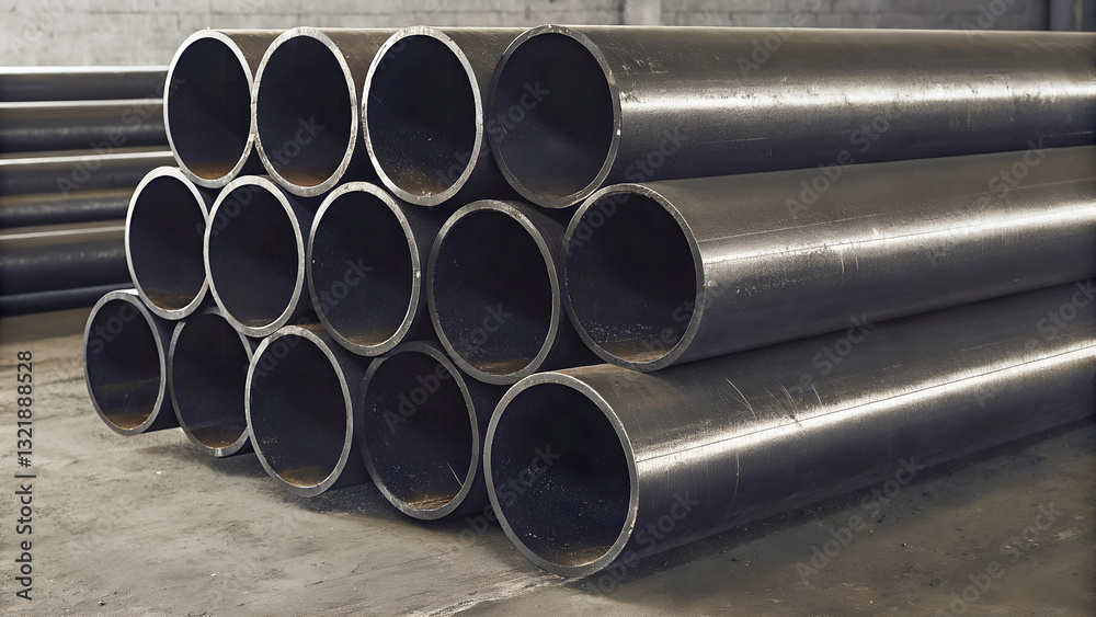 A stack of large, dark gray metal pipes, neatly arranged.Industrial-grade pipes, ready for use in a construction project. A stack of large, dark gray metal pipes, neatly arranged.Industrial-grade pipes, ready for use in a construction project.