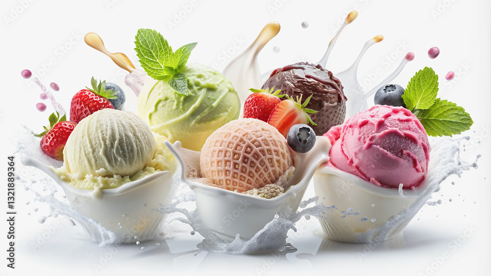 Assorted ice cream scoops, drizzled with milk splashes, and garnished with fresh berries and mint.Delicious ice cream creations, bursting with summery freshness.