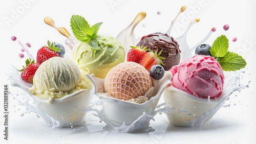 Obraz na płótnie Assorted ice cream scoops, drizzled with milk splashes, and garnished with fresh berries and mint.Delicious ice cream creations, bursting with summery freshness.
w salonie