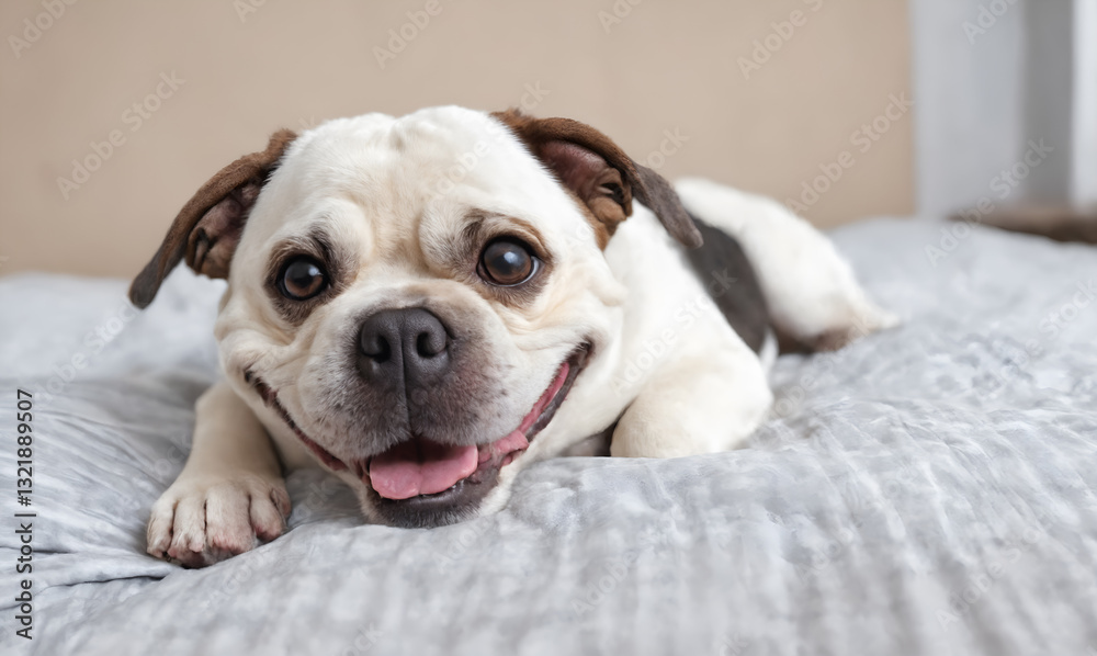 Dog lying in bed, taking nap. Home pets. Domestic animals.