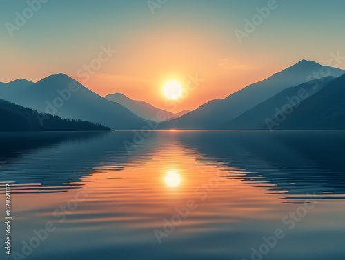 Serene sunset over the lake with mountain silhouettes, a peaceful horizon