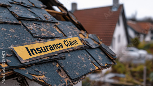 A worn roof shows visible damage and an insurance claim sign, highlighting the need for evaluation of repairs in a residential area on an overcast day