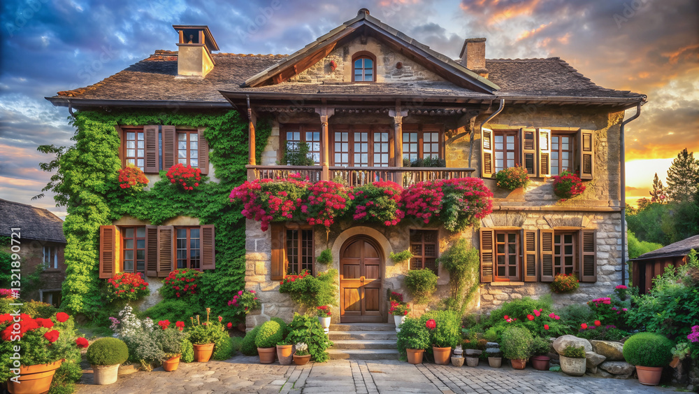 Rustic stone facade, with wooden shutters and flower-filled window boxes, creates a warm and inviting atmosphere.