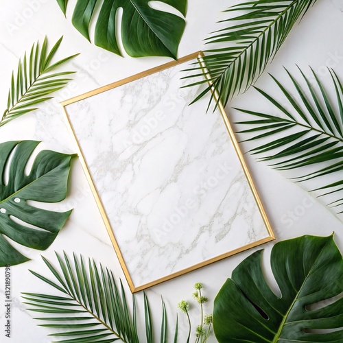 Elegant Tropical Frame on White Marble – Nature-Inspired Design Aesthetic