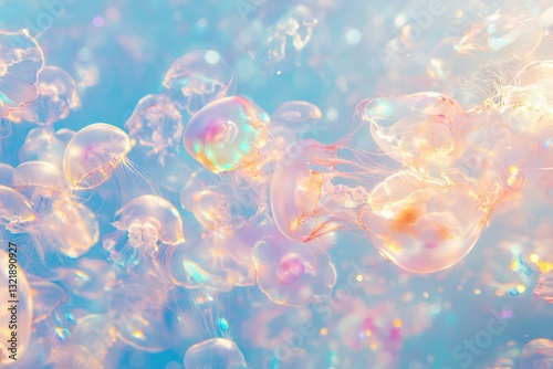 A mesmerizing underwater scene of iridescent jellyfish gracefully floating in a pastel-colored ocean.